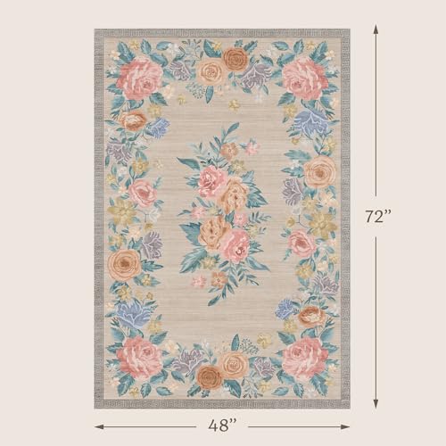 Entryway Kitchen 4x6 Washable Non-Slip Soft Beige Vintage Floral French Country Cottagecore Carpet, Warm Pastel Rose Botanical Border Cottagecore Carpet, Low Profile Mat for Living Room Bedroom - color: Warm Beige, size: 4' x 6' (Rectangular)