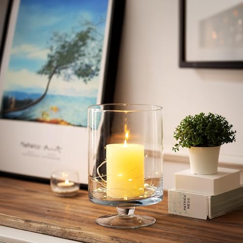 WGVI Clear Glass Pedestal Hurricane Candle Holder, 5.9" W, 9.9" H, Decorative Vase for Pillar Candles, Short Stemmed Candleholder Cylinder, Tabletop Centerpieces, Home Décor, Elegant Design, 1 Piece - size: 10" H