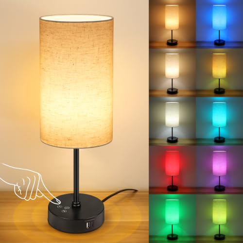 Unicozin 17Inch Table Lamp for Bedroom, Touch Control Bedside Lamp for Reading, 3 CCT & 7 RGB Color Changing, Dimmable Nightstand Lamp for Kids Room Living Room Office, Beige Shade - color: Beige, size: 17in