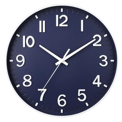 10 Inch Wall Clock Battery Operated Silent Non Ticking Clock Navy Blue Modern Round Wall Clock with 3D Numbers Decorative for Kitchen Bedroom Living Room Office Classroom - color: Navy Blue, size: 10 inch
