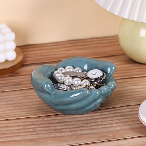 Ceramic Hands Bowl Dish Sculpture, Giving Hands Candy Holder for Succulent Planter, Crystal Rock Holder, Office, Keys Bowl for Entryway Table (Blue) - color: Blue