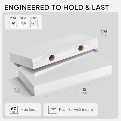 Homeforia 12 Inch Floating Shelves, High-End Solid Pine Wood, Set of 2 - color: Classic White - Soft Neutral Satin, size: 12 inch