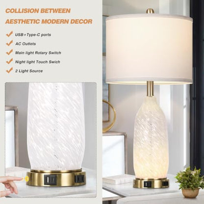 Rinweey 26" Modern Clear Glass Table Lamp Nightstand Lamp with USB A+C Ports & AC Outlet,Bedside Lamps with 3-Way Dimmable Touch Control Night Light for Bedroom Living Room,Single White - color: White-1P