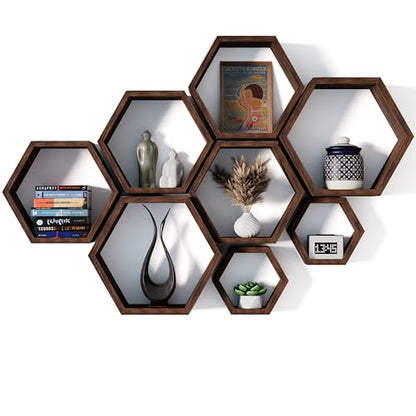 Hexagon Floating Shelves Set of 8 Honeycomb Shelves for Wall, Wooden Hexagon Shelves for Farmhouse Storage - color: Rustic Brown