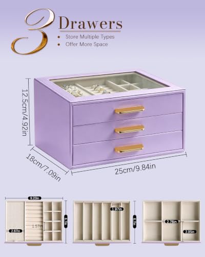 Homeanda Jewelry Boxes Organizer with Glass Lid, 3-Layer PU Leather, Purple - color: Lavender Purple, size: 3 Layer