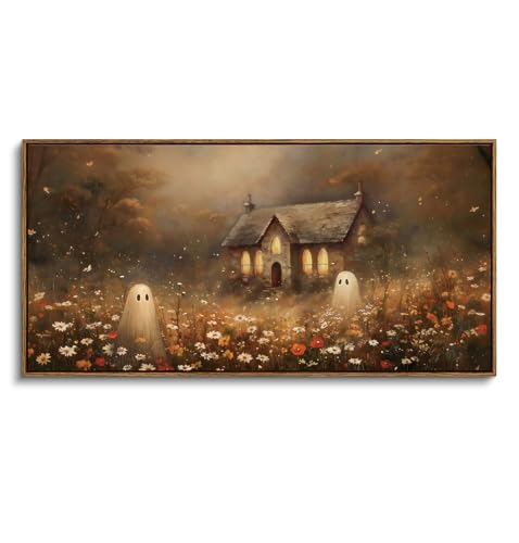 ARPEOTCY Vintage Halloween Wall Art Decor, White Ghost Wildflower Fall Picture, Autumn Cottage Core Decor for Living Room Fireplace Bedroom, Large Framed Cavas Art, 40x20in - color: Ghost Wildflower, size: 40"L x 20"W