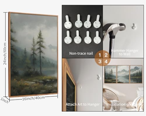 SIGNINART Large Green Forest Framed Canvas Wall Art Set, Misty Mountain Lake Wall Decor, Modern Foggy Wood Landscape Artwork, Nature Oil Painting Art Print for Living Room, Bedroom, Office 16"x24"x3 - color: Green, size: 24"L x 16"W