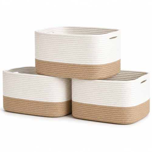 OrganiHaus Cotton Rope Baskets for Shelves, Set of 3, 15x9x10 - color: Honey / Off-White