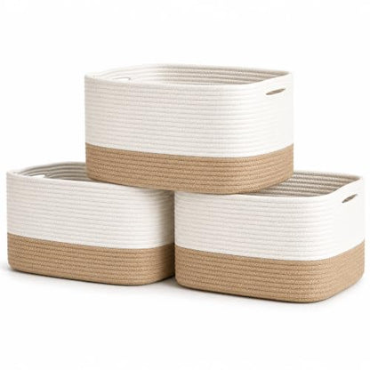OrganiHaus Cotton Rope Baskets for Shelves, Set of 3, 15x9x10 - color: Honey / Off-White