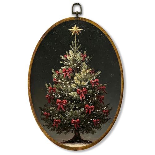XPH Vintage Moody Christmas Tree Oval Wall Art Framed 8.6x11.4 Inch - color: Christmas50