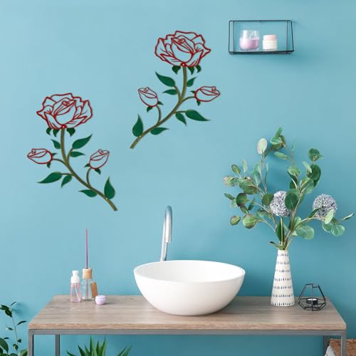ESTART 2 Pcs Metal Rose Flower Wall Decor, 15“H Rose Flower Metal Wall Art - color: 2 Pieces-Red Green