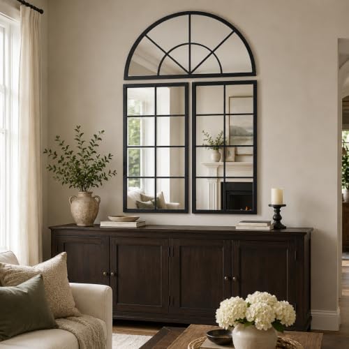 Large Black Arched Window Mirror, 32 x 47.2 in, 3-Piece Set - color: Matte Black, size: 32"L x 47"W