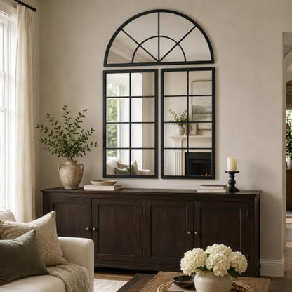Large Black Arched Window Mirror, 32 x 47.2 in, 3-Piece Set - color: Matte Black, size: 32"L x 47"W