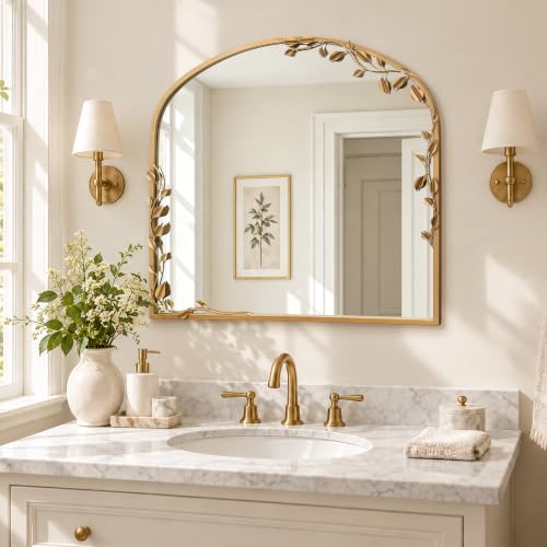 Besdomus Arched Wall Decorative Mirror: 32"x30" Ornate Brass Gold Mirror - size: 32"L x 30"W