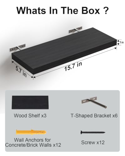 Solid Wood Floating Shelves for Wall – 16 Inch Floating Shelf for Kitchen, Bedroom, Living Room, Bathroom - Mounted Bathroom Shelves with Invisible Brackets (Black, 3 Pack)
