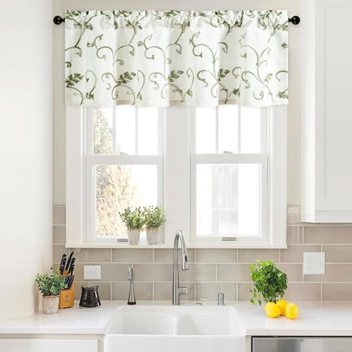 VOGOL Green Vine Embroidered Valance, Linen Texture, 60 x 18 Inches - color: Green, size: 60"W x 18"L (Pack of 1)