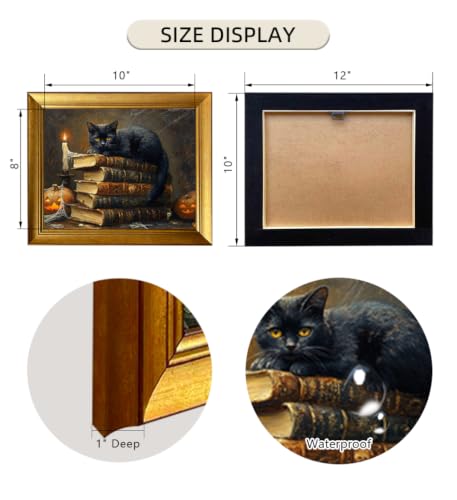 Gongyuanyihao Arts Gold Framed Vintage Halloween wall decorations featuring pumpkin, ancient books, candles and black cat elements, Dark Academia Aesthetic Canvas Painting Picture Decor for Home, 10x12in Ready to Hang - color: Black Cat & Pumpkins Gothic