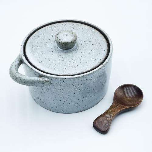 12 oz Ceramic Salt Cellar with Lid & Wooden Spoon,Countertop Salt Container,Sugar Bowl,Spices Jar| Artisan Kitchen Decor(Gray) - color: Gray B
