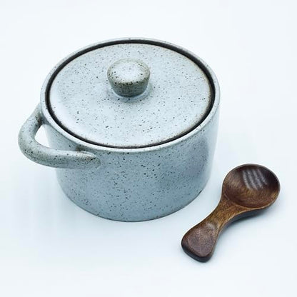 12 oz Ceramic Salt Cellar with Lid & Wooden Spoon,Countertop Salt Container,Sugar Bowl,Spices Jar| Artisan Kitchen Decor(Gray) - color: Gray B