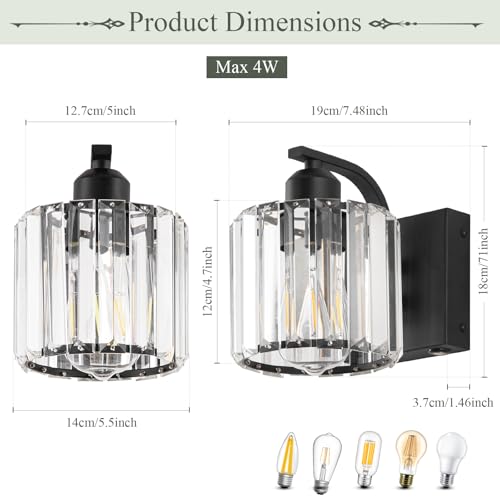 BELS 8 Inch Battery Operated Wall Sconces Set of 2, Farmhouse Black Wall Lights Fixture with Crystal Shade, 3 Colors Temperature, Remote Control, Dimmable, Wall Sconces for Mirror, Bathroom, Bedroom - color: Crystal