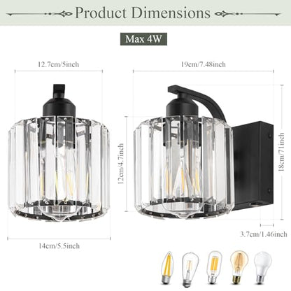 BELS 8 Inch Battery Operated Wall Sconces Set of 2, Farmhouse Black Wall Lights Fixture with Crystal Shade, 3 Colors Temperature, Remote Control, Dimmable, Wall Sconces for Mirror, Bathroom, Bedroom - color: Crystal