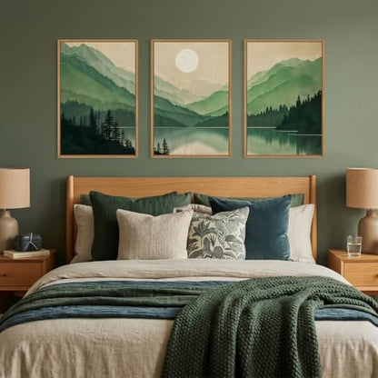 Celestdeco Green Boho Mountain Lake Framed Canvas Wall Art Set-24"x36"x3 - color: Green Landscape Wall Art, size: 24"L x 36"W