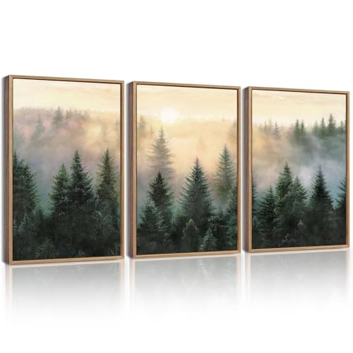 KUVIOKE Sun Dawn Fog Pine Tree Framed Wall Art Morden Nature Nordic Forests Artwork Bedroom Decor 12x16in (Natural Framed) - color: Pine Forests, size: 12 x 16in x 3 Panels Natural