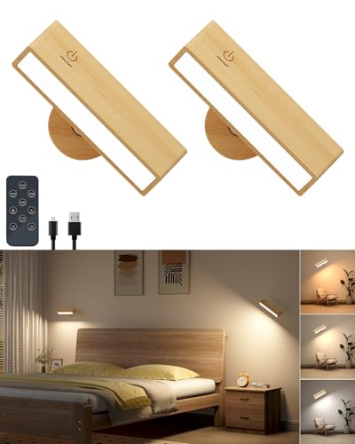 DetarZinLED Wooden Wall Sconce Battery Operated with Remote,Rechargeable Wall Lights for Bedroom with 3 Color Temperature, Magnetic, Stick-On, Dimmable Wall Reading Lights (Beech Wood, 2Pack-Remote) - color: Yellow, size: 2 Pack Remote