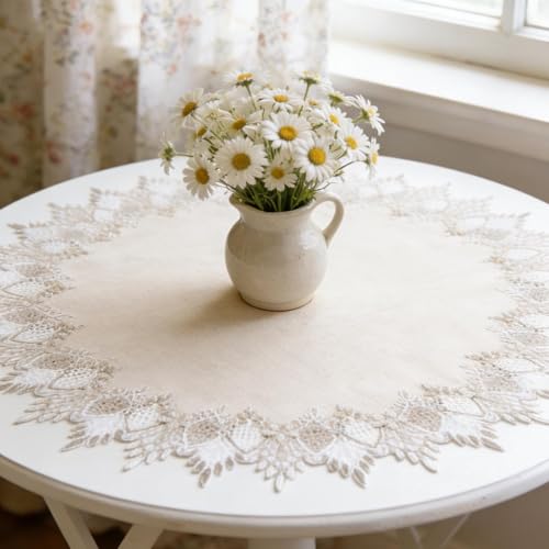 2 Pcs Lace Doily, 19" Round Neutral Earth Tones Beige Lace Coffee Table Topper Linen Style Tablecloth Placemats with Embroidery Edge for Dining Room - size: 19"