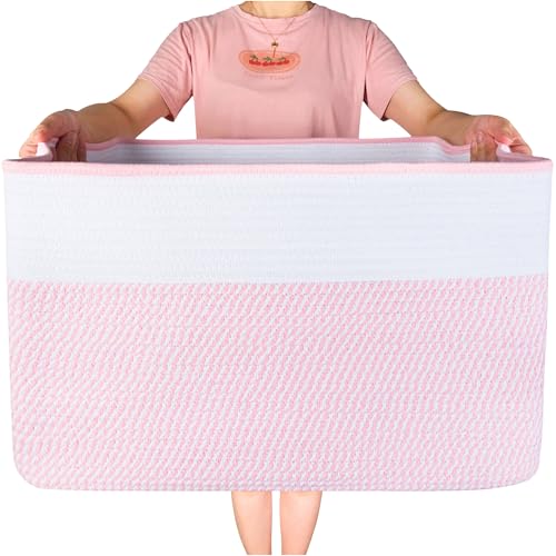 MINTWOOD Design 22in Extra Large Blanket Basket Holder Living Room, Rectangle Rope Woven Storage Basket with Handles for Laundry, Pool Towels, and Shoes, Dog Toy Organizer Bin Box, Light Pink - color: Light Pink