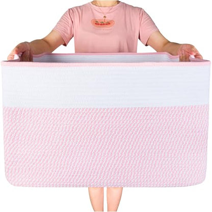 MINTWOOD Design 22in Extra Large Blanket Basket Holder Living Room, Rectangle Rope Woven Storage Basket with Handles for Laundry, Pool Towels, and Shoes, Dog Toy Organizer Bin Box, Light Pink - color: Light Pink