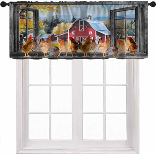 Farm Rooster Valance Curtains, Rustic Farmhouse Country Animal Rural Chicken Print Window Treatment Valances for Kitchen Bedroom Dining Room Living Room, 54x18 Inch - color: Chicken-1