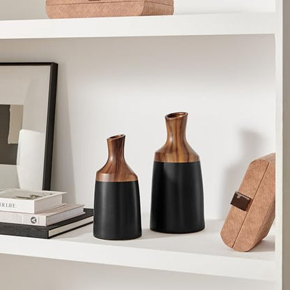 Milo Kande Carafe Modern Two Tone Tabletop Vase - Black and Walnut - Large or Small (Small)