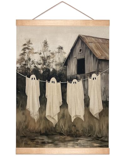 Vintage Halloween Ghost Linen Canvas Wall Art 18.5x14 Inch, Farmhouse Barn Wall Hanging Poster, Spooky Fall Decor, Retro Gothic Haunted House Theme Wall Poster for Living Room Bedroom (BLK08) - color: BLK08