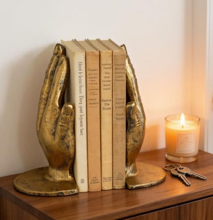 Hand Bookends Decorative, Heavy Duty Cast Iron Book Holder, Prayer Hand Book Ends for Shelves Living Room Home Decor Office, Antique Gold, 1 Pair/2Pieces