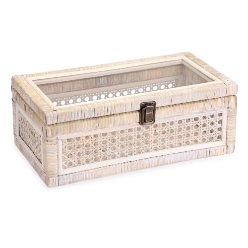 Hipiwe Rattan Display Box with Clear Lid Decorative Storage Basket, Medium - color: Whitewash Color, size: Medium,12.6"x6.7"x4.4"