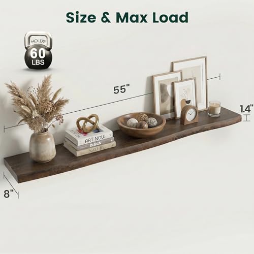 55in Live Edge Solid Elm Floating Shelves, Walnut, Set of 1 - color: Walut Color, size: Live Edge 55 inch, 1Pack