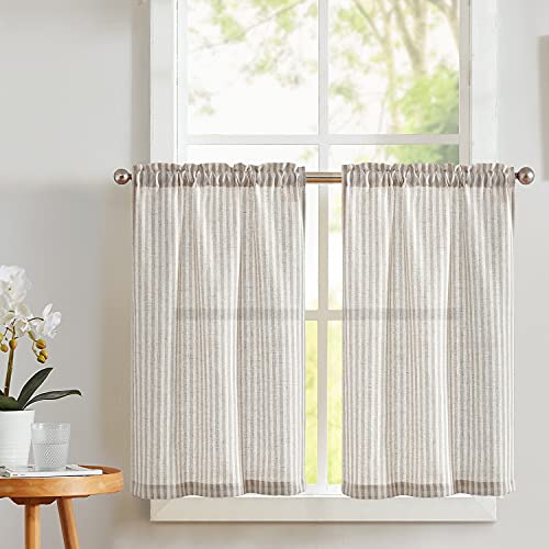 Vangao Taupe Grey Stripe Linen Tiers Curtains 24 Inch Farmhouse 2 Panels - color: Boxter Striped| Taupe Grey on Beige, size: 26"W x 24"L (Pack of 2)