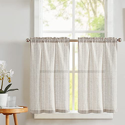 Vangao Taupe Grey Stripe Linen Tiers Curtains 36 Inch Farmhouse 2 Panels - color: Boxter Striped| Taupe Grey on Beige, size: 26"W x 36"L (Pack of 2)
