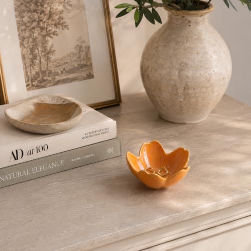 Floral Ceramic Jewelry Tray, 3.5" Ring Holder Trinket Bowl - color: orange
