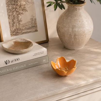 Floral Ceramic Jewelry Tray, 3.5" Ring Holder Trinket Bowl - color: orange