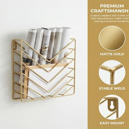 Wall Mounted Magzine Rack,Gold Wall Mount File Organizer - color: Gold