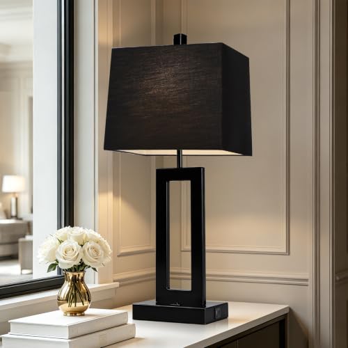 Cinkeda Black Bedside Table Lamp Set of 2, Nightstand Lamps with USB Ports - color: F.Black&Black