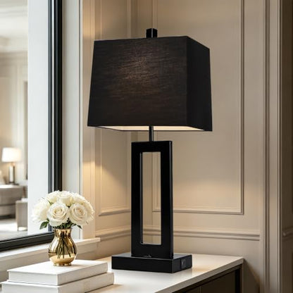 Cinkeda Black Bedside Table Lamp Set of 2, Nightstand Lamps with USB Ports - color: F.Black&Black