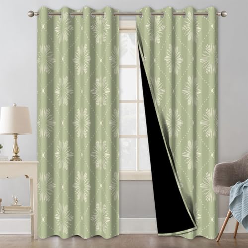 Sage Green Blackout Curtains 84 Inch Long 2 Panels Set, Floral Pattern Window Thermal Blackout Curtains for Bedroom and Living Room, Soundproof Privacy Spring Summer Thermal Curtains with Tiebacks - color: Green Plaid Print