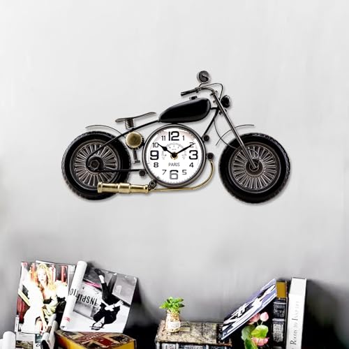 Dankeit Motorcycle Tabletop Clock, Retro Black Metal Clock, 12" x 10", Battery Operated, Silent, No Ticking, For Bedroom, Dining Room, Home Office, Living Room, Kid's Room