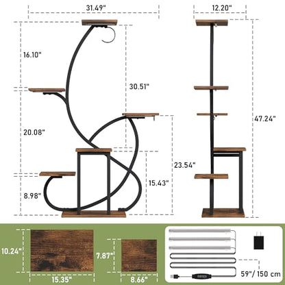 Metal Curved Shaped 6 Tier Corner Plant Stand with Grow Lights, 47"
