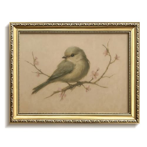 Vintage Gold Framed Bird Wall Art, Birds Wall Decor, Cherry Blossom Beige Aesthetic Canvas Print, Spring Rustic Farmhouse Botanical Poster Picture Decor for Living Room Bedroom 12x16in - color: Bird, size: 16"L x 12"W