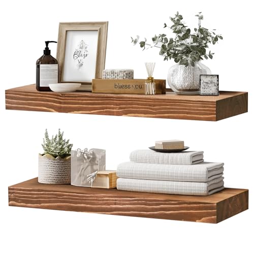 Solid Wood Floating Shelves, 24 Inch Wall Shelves, Set of 2, Brown - color: Brown, size: 24x8x1.6
