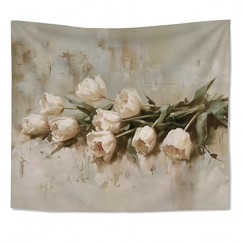WDSFHYJK Vintage White Tulip Flower Tapestry Wall Hanging, Cottagecore Neutral Floral Botanical Wall Tapestry Backdrop for Bedroom Living Room Home Decor, 50x60 Inch - color: Many colors-Vintage White Tulip Flower